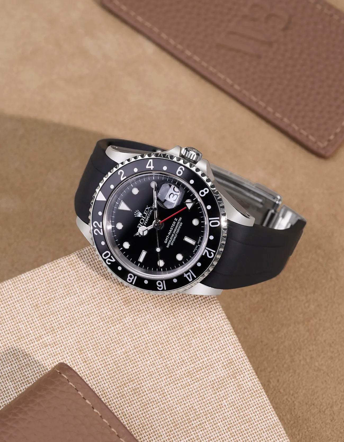 Rolex GMT-Master II 16710 and 16713 with black FKM rubber strap integrated with original clasp – top view