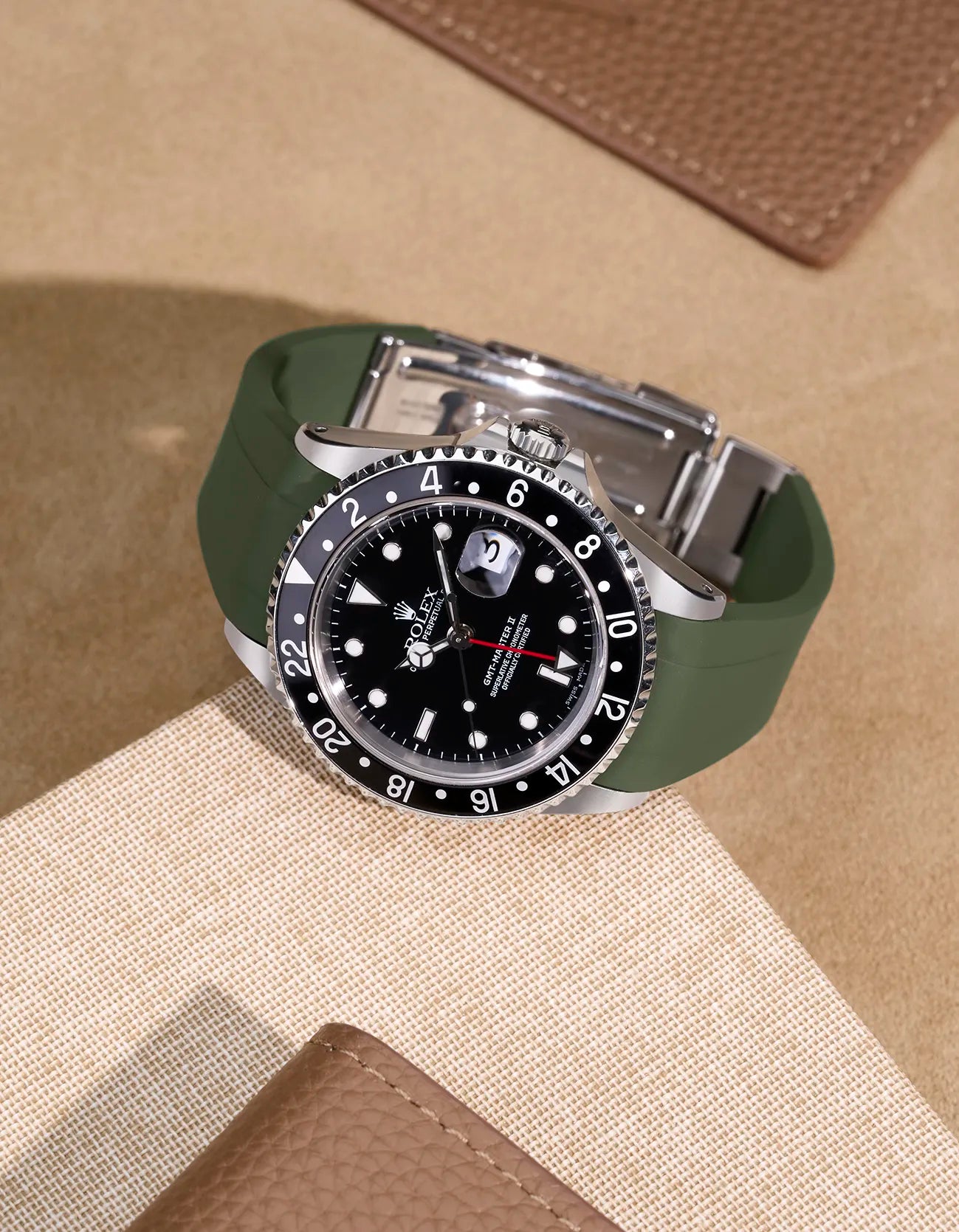 Rolex GMT-Master II 16710 and 16713 with green FKM rubber strap and original clasp – lifestyle display