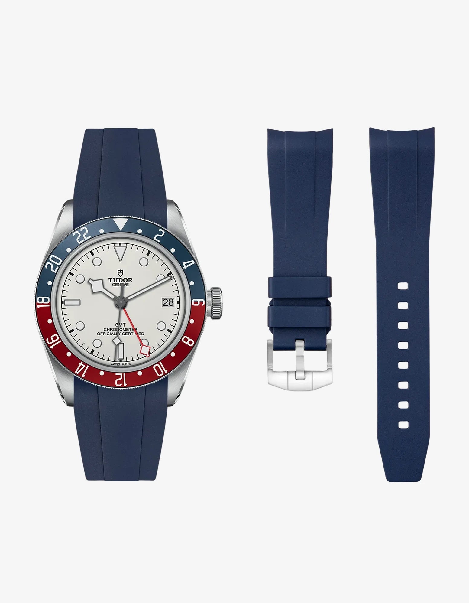 Navy Blue FKM tudor rubber watch strap with premium steel buckle on a light gray background with a Tudor GMT steel watch with white dial