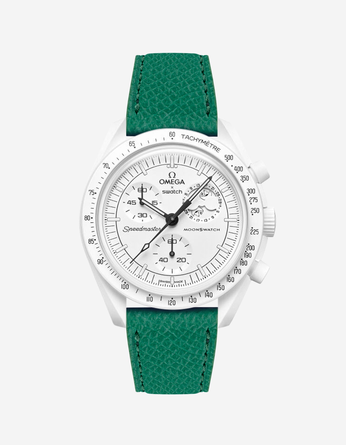 Green Epsom leather strap on Omega x Swatch Mission to the Moonphase Full Moon watch