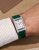 green suede leather watch strap on JLC Reverso