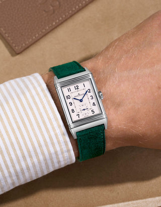 green suede leather watch strap on JLC Reverso wrist shot