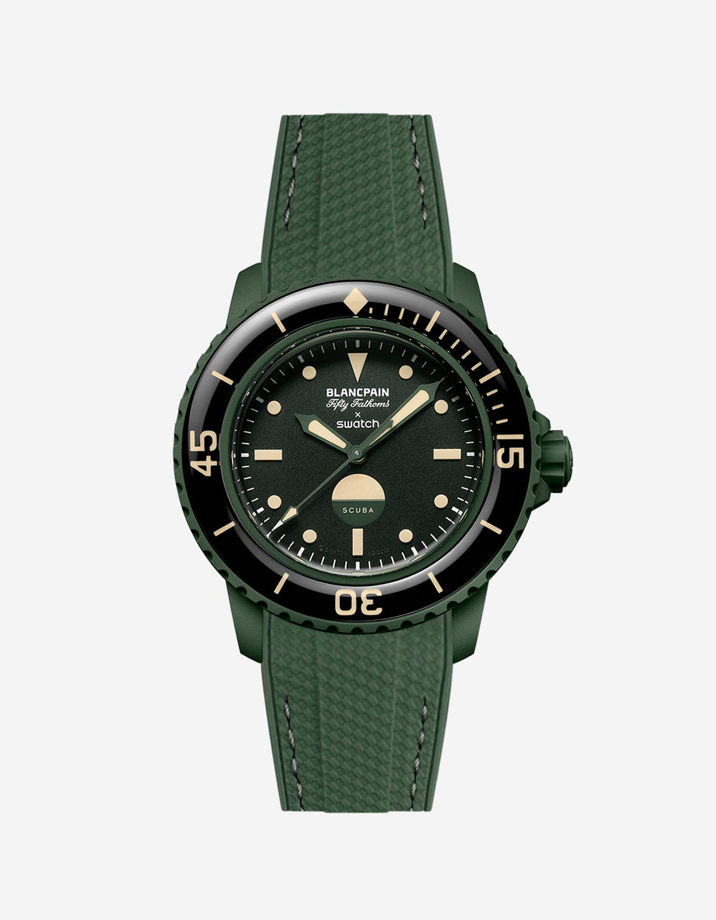 Vertech green rubber strap mounted on Blancpain x Swatch Green Abyss – product view