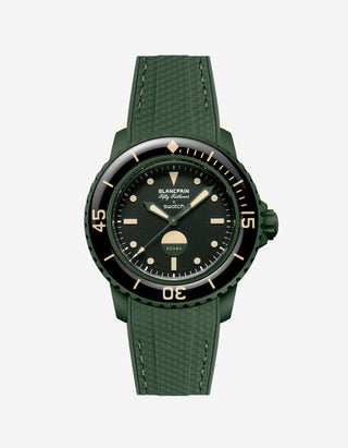 Vertech green rubber strap mounted on Blancpain x Swatch Green Abyss – product view
