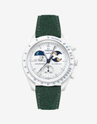 Green Suede Leather Strap on Omega x Swatch MoonSwatch Mission To Earthphase - Moonshine Gold Cold Moon