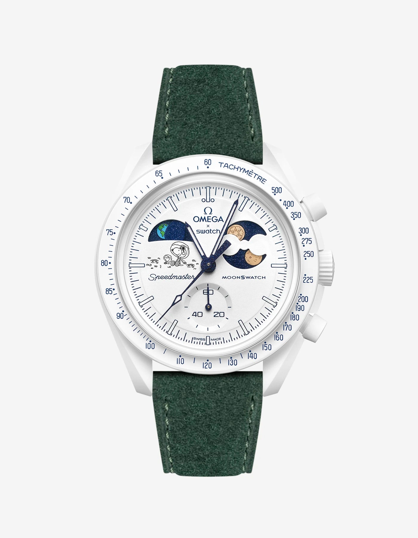 Green Suede Leather Strap on Omega x Swatch MoonSwatch Mission To Earthphase - Moonshine Gold Cold Moon