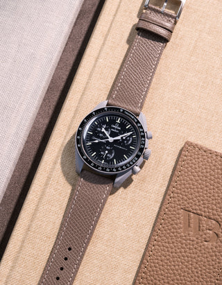Flat lay of Grey Epsom leather strap for Omega x Swatch MoonSwatch Mission to the Moon