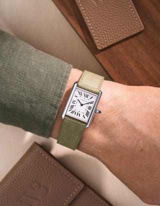 Herb Green suede watch strap worn on wrist | soft Italian leather strap from multicolor suede series