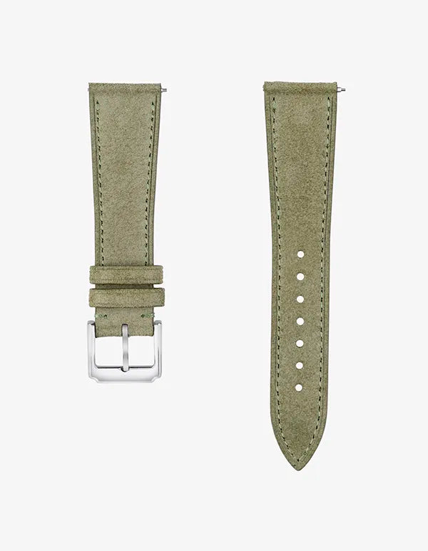 Herb Green suede leather watch strap with 316L stainless steel clasp | flat lay product photo
