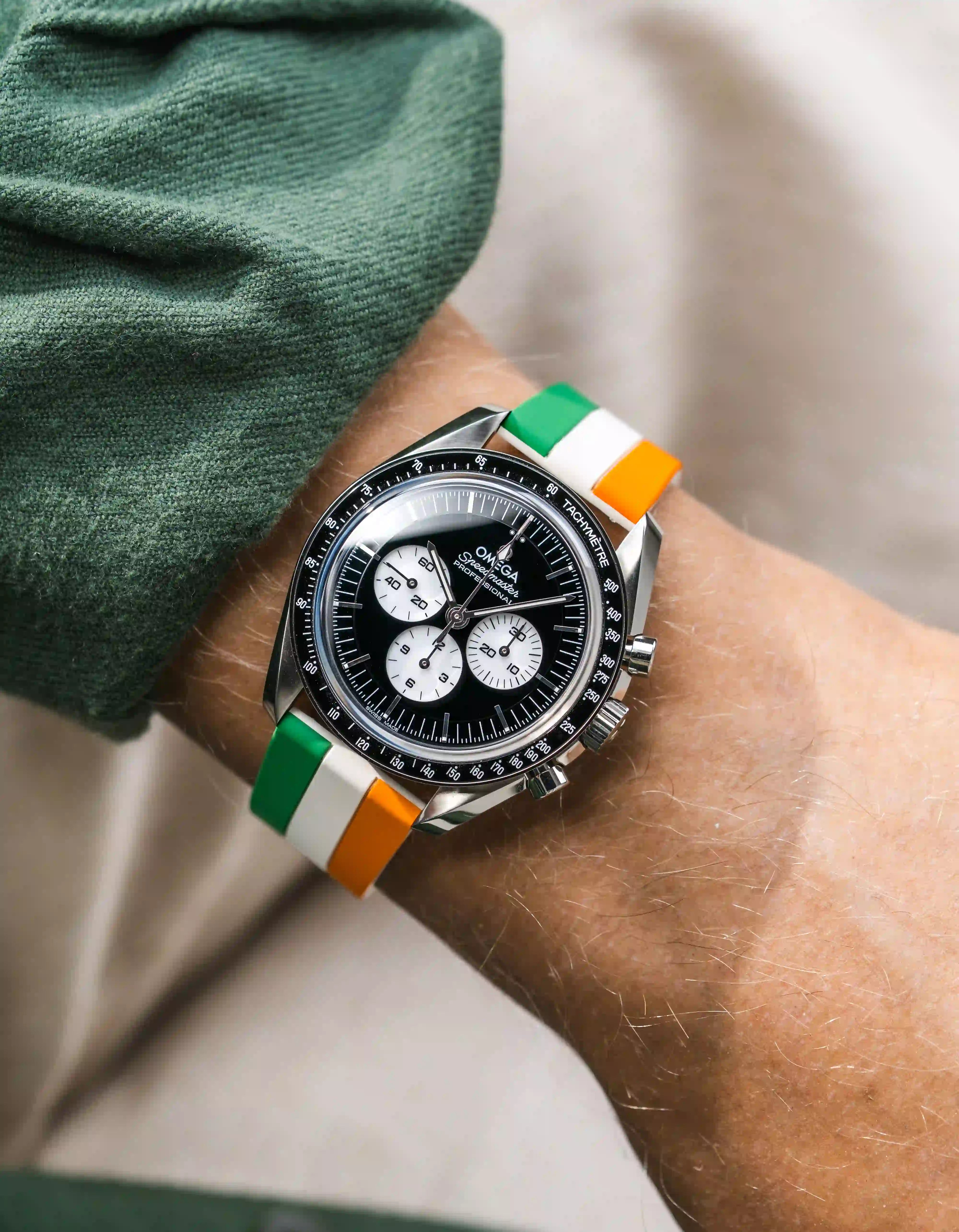 Irish Flag Watch Strap on Omega Speedmaster wrist shot