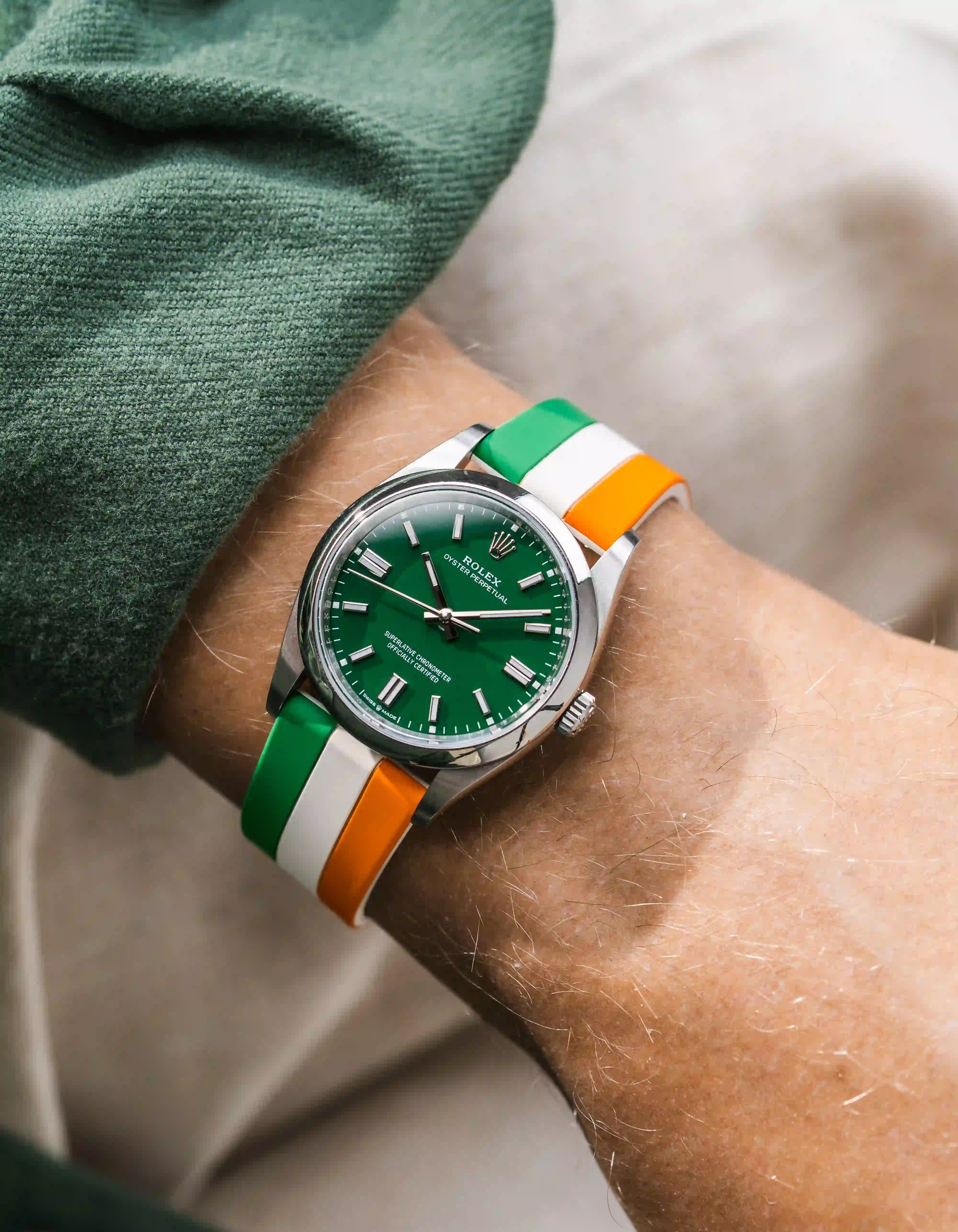 Irish Flag Watch Strap on Rolex OP wrist shot