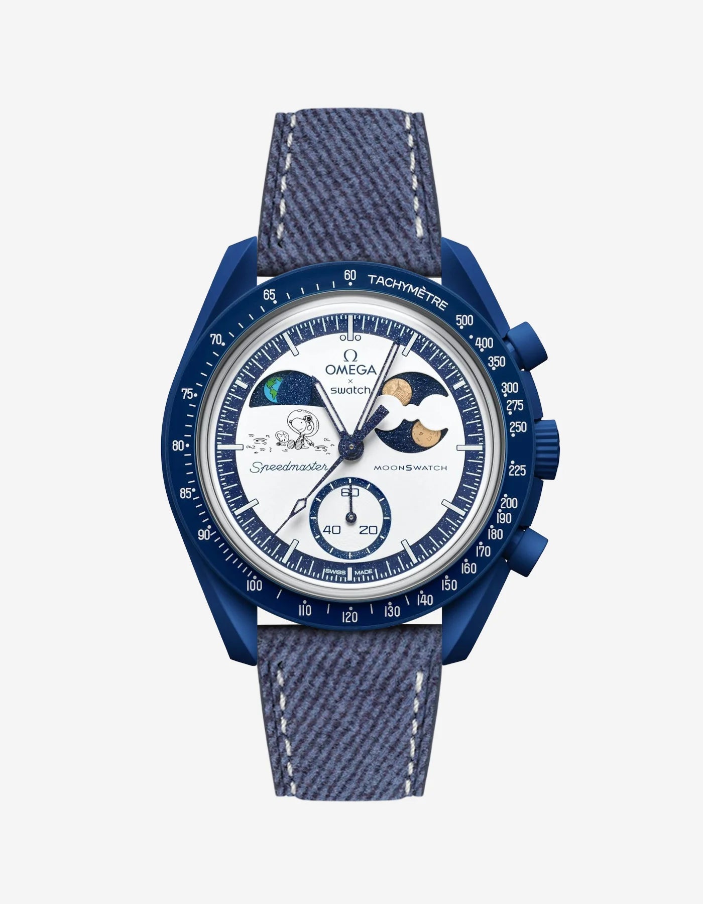 Blue denim strap attached to a MoonSwatch Mission To Earthphase - Moonshine Gold