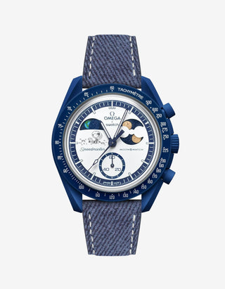 Blue denim strap attached to a MoonSwatch Mission To Earthphase - Moonshine Gold