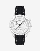 Omega X Swatch MoonSwatch Mission to the MoonPhase on a black vertech rubber watch strap with a white background showcasing both the watch and the watch strap from Wristbuddys