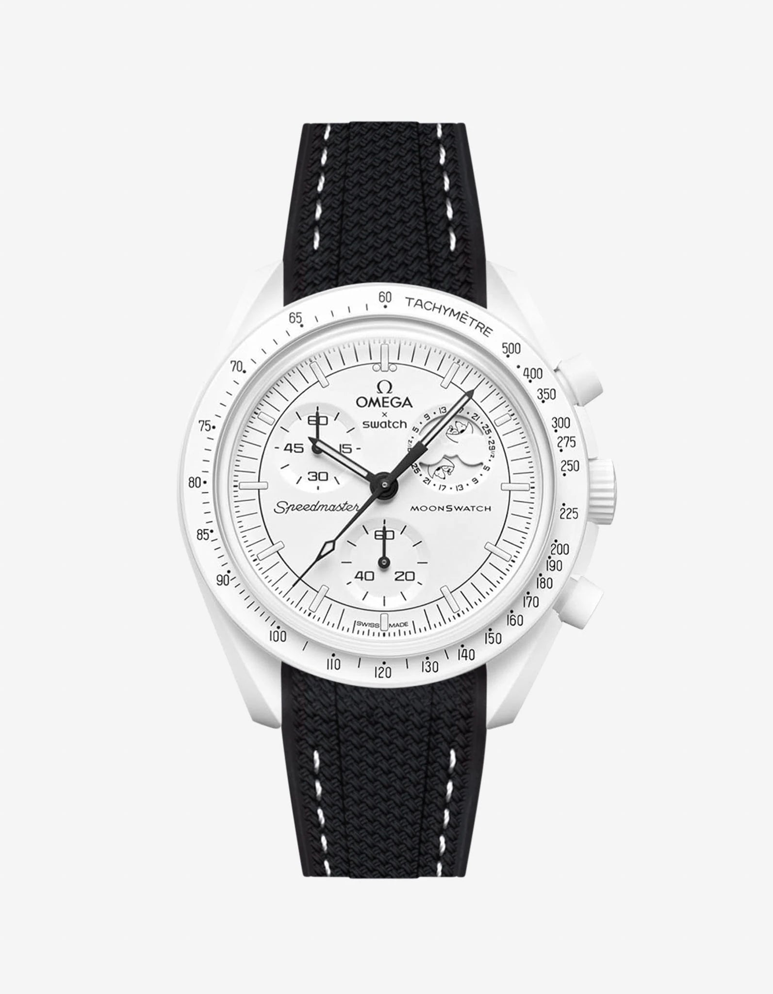 Omega X Swatch MoonSwatch Mission to the MoonPhase on a black vertech rubber watch strap with a white background showcasing both the watch and the watch strap from Wristbuddys