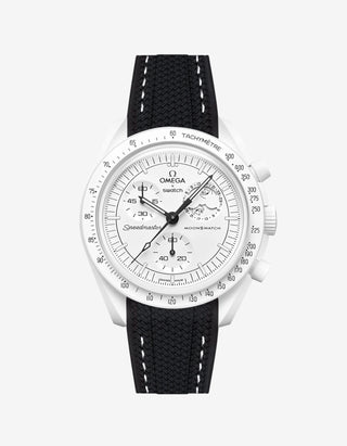Omega X Swatch MoonSwatch Mission to the MoonPhase on a black vertech rubber watch strap with a white background showcasing both the watch and the watch strap from Wristbuddys