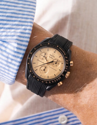 Black Rubber Strap For Omega x Swatch MoonSwatch Mission To The Moon 1969 wrist shot with stripped shirt