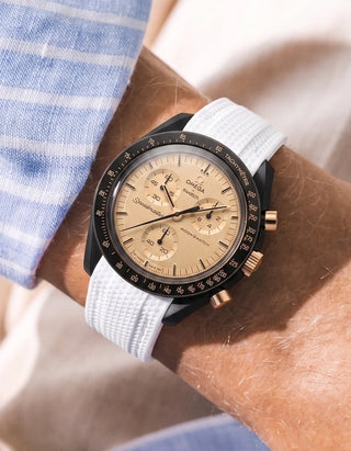White Rubber Strap For Omega x Swatch MoonSwatch Mission To The Moon 1969 wrist shot with stripped shirt