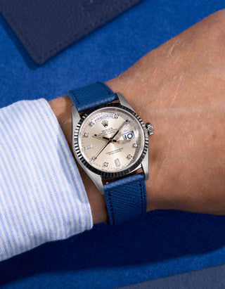 Navy Blue Epsom Leather Strap Wrist Shot on Rolex