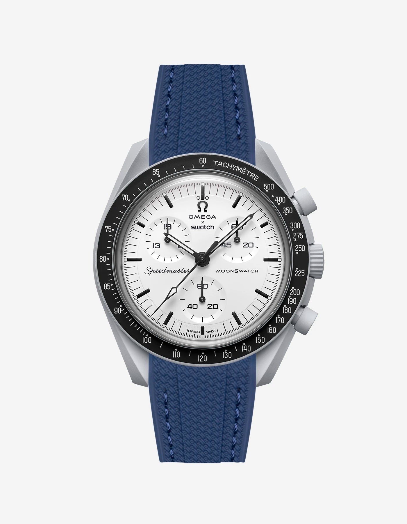 Navy blue rubber watch strap for the Omega x Swatch MoonSwatch 1965, shown fitted on the watch
