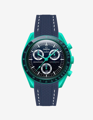 Navy blue rubber watch strap with white stitching for the Omega x Swatch MoonSwatch Mission on Earth – Polar Lights, shown fitted on the watch