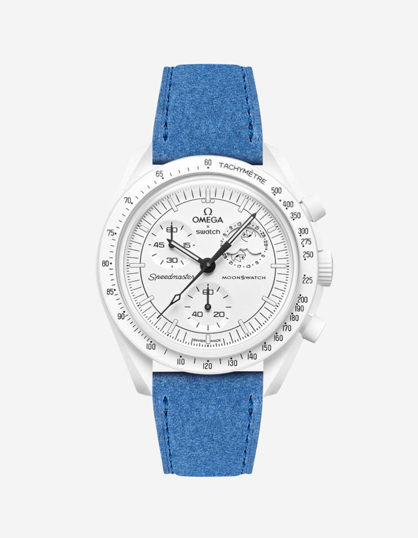 Omega X Swatch Mission to the Moonphase Full Moon with Ocean Blue suede leather strap mounted on watch – front view
