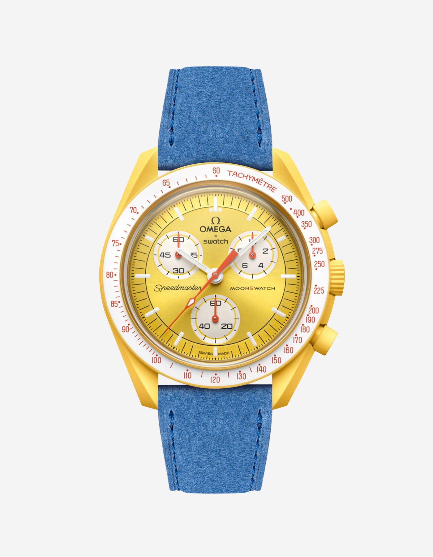 Omega X Swatch Mission to the Sun with Ocean blue suede leather strap mounted on watch – front view