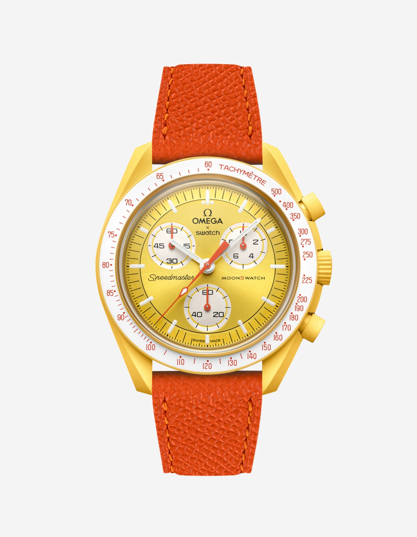 Orange Epsom leather strap on Omega x Swatch Mission to the Sun watch