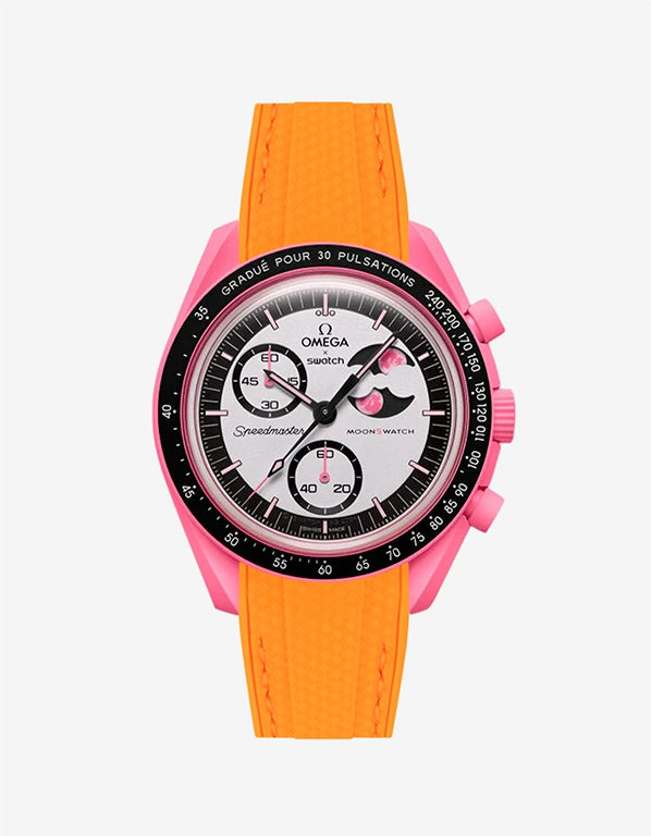 Orange rubber strap on Omega x Swatch MoonSwatch Mission to the Pink Moonphase
