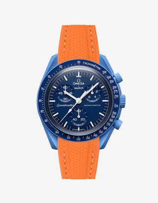 Orange rubber watch strap for the Omega x Swatch MoonSwatch Mission to Neptune, shown fitted on the watch