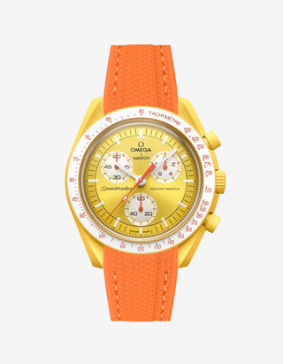 Orange rubber watch strap for the Omega x Swatch MoonSwatch Mission to the Sun, shown fitted on the watch