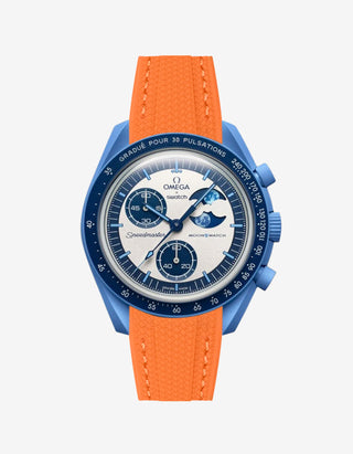 Orange rubber watch strap for the Omega x Swatch MoonSwatch Mission to the Super Blue Moonphase, shown fitted on the watch⠋