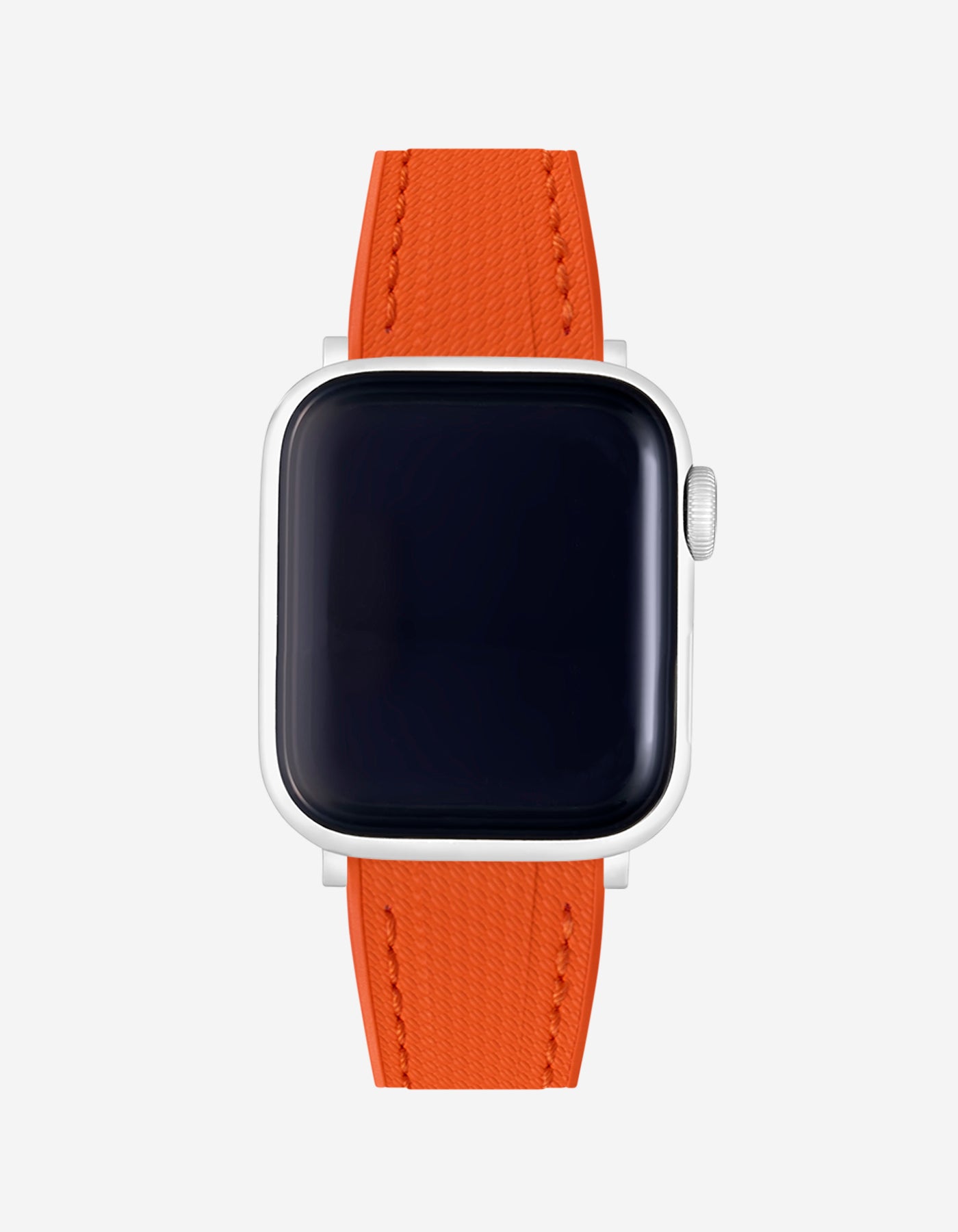 Flexible Orange rubber Apple Watch band on watch – durable and sweat-resistant