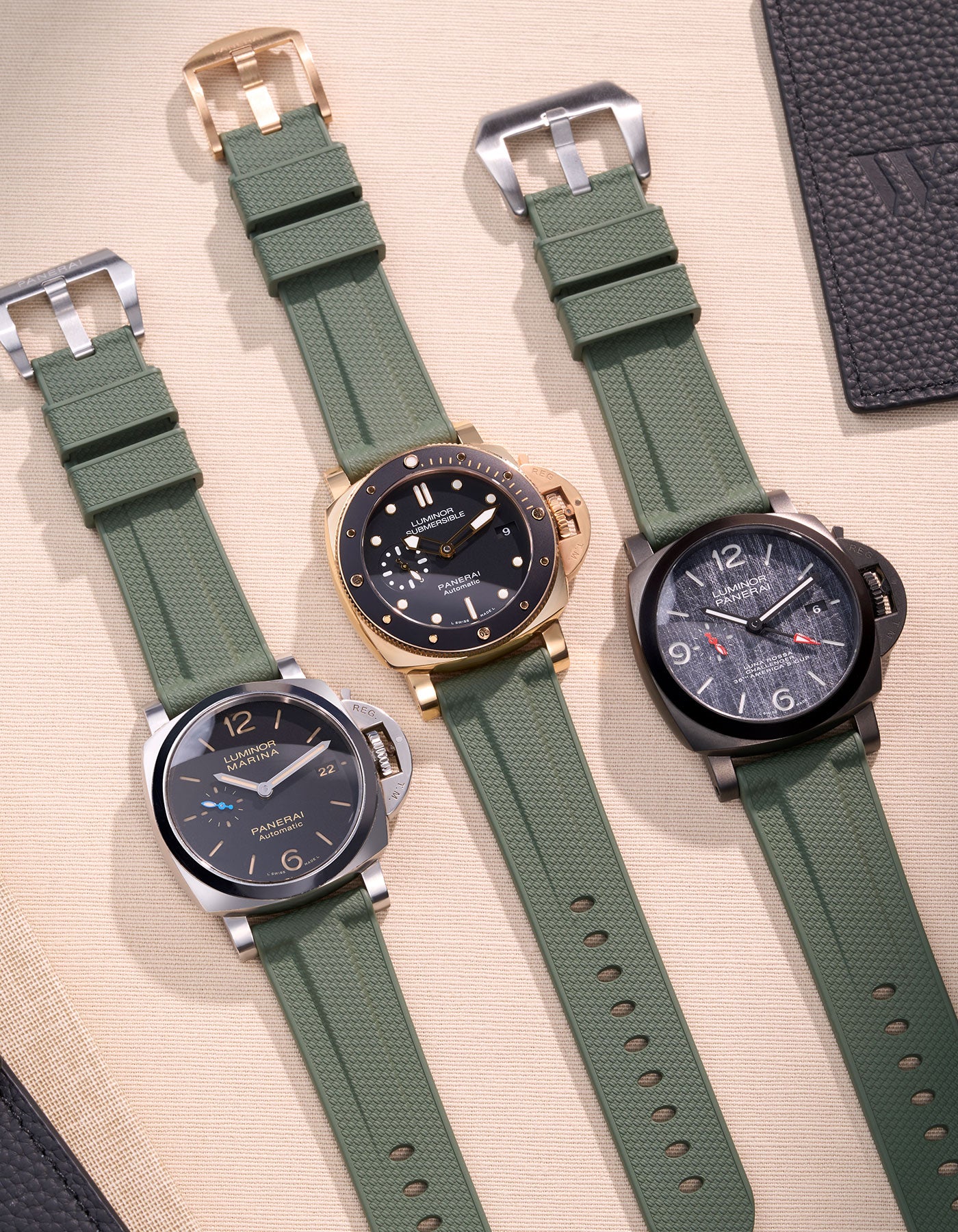 Panerai Luminor Collection with Military Green Rubber Straps – Luminor Marina, Submersible, and 1950 Models in 24mm Green Rubber uhrenband klockarmband replacement armband for Italian Luxury and Tactical Design – Featuring Black Dial, Rose Gold, and Steel Cases for Sporty and Military-inspired Style