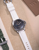 Panerai Luminor Marina Blue Dial on White Rubber Strap with Stainless Steel Case – Luxury 44mm automatic Swiss Made Panerai watch featuring a 24mm white rubber uhrenband, perfect for those looking for an elegant yet sporty accessory. This white strap replacement for Panerai enhances the timepiece’s modern aesthetic, making it ideal for both casual and business wear, with superior water-resistant features for versatile daily use.