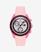 Pink rubber strap on Omega x Swatch MoonSwatch Mission to the Pink Moonphase