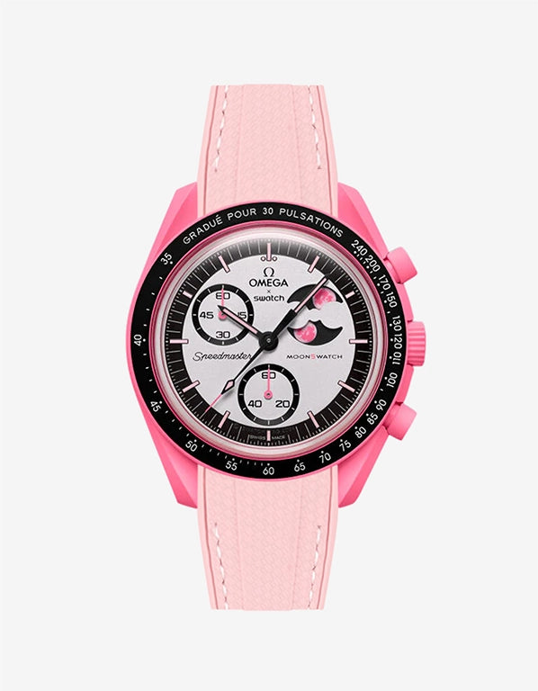 Pink rubber strap on Omega x Swatch MoonSwatch Mission to the Pink Moonphase