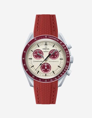 A burgundy curved vertech rubber watch strap with a stainless steel buckle, designed for the Omega X Swatch MoonSwatch Mission to Pluto watch.