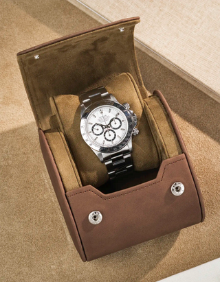 Opened Single Watch Roll Brown Suede with a Rolex in