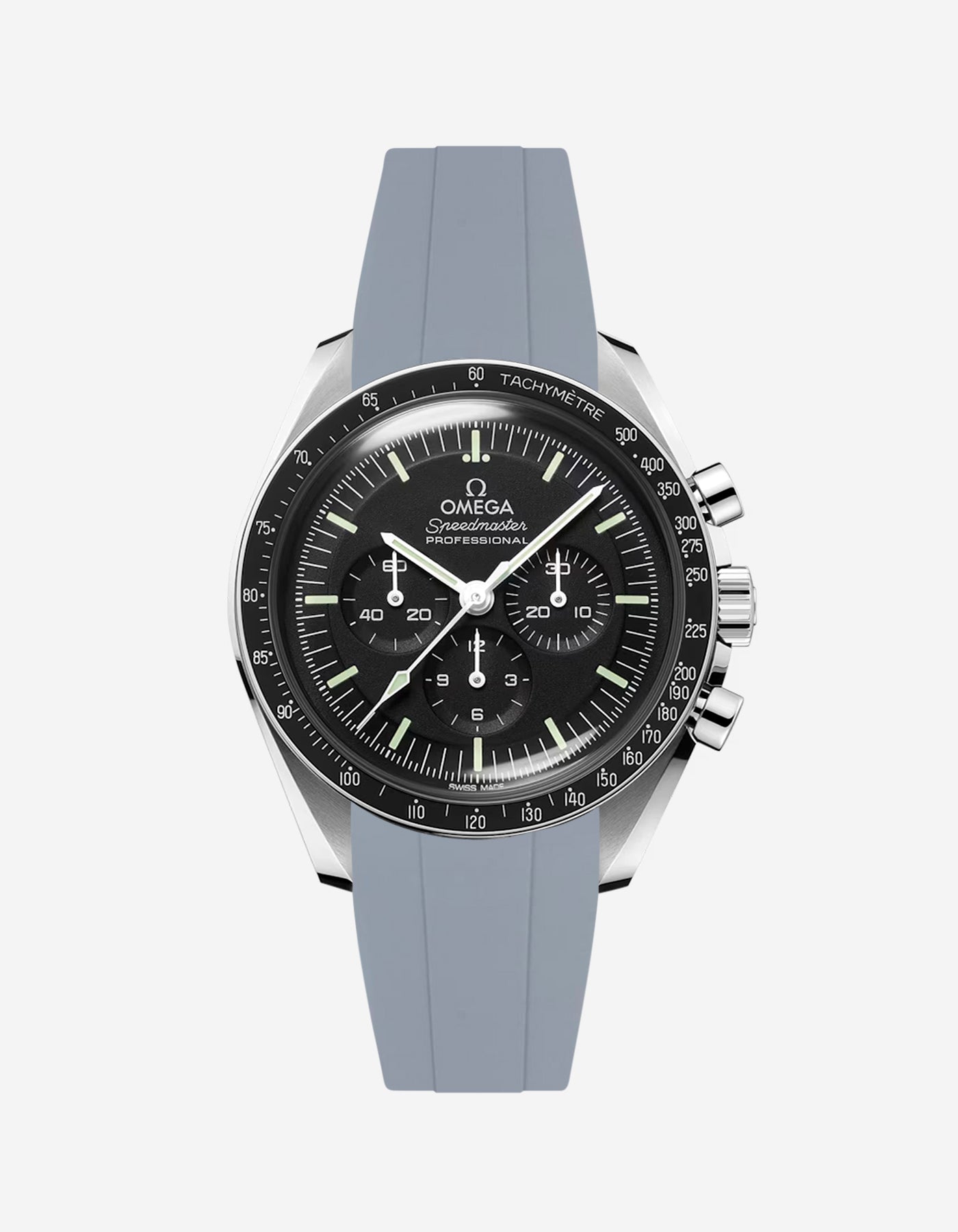 Omega Speedmaster Professional fitted with grey FKM rubber strap front facing product photo on white background by Wristbuddys