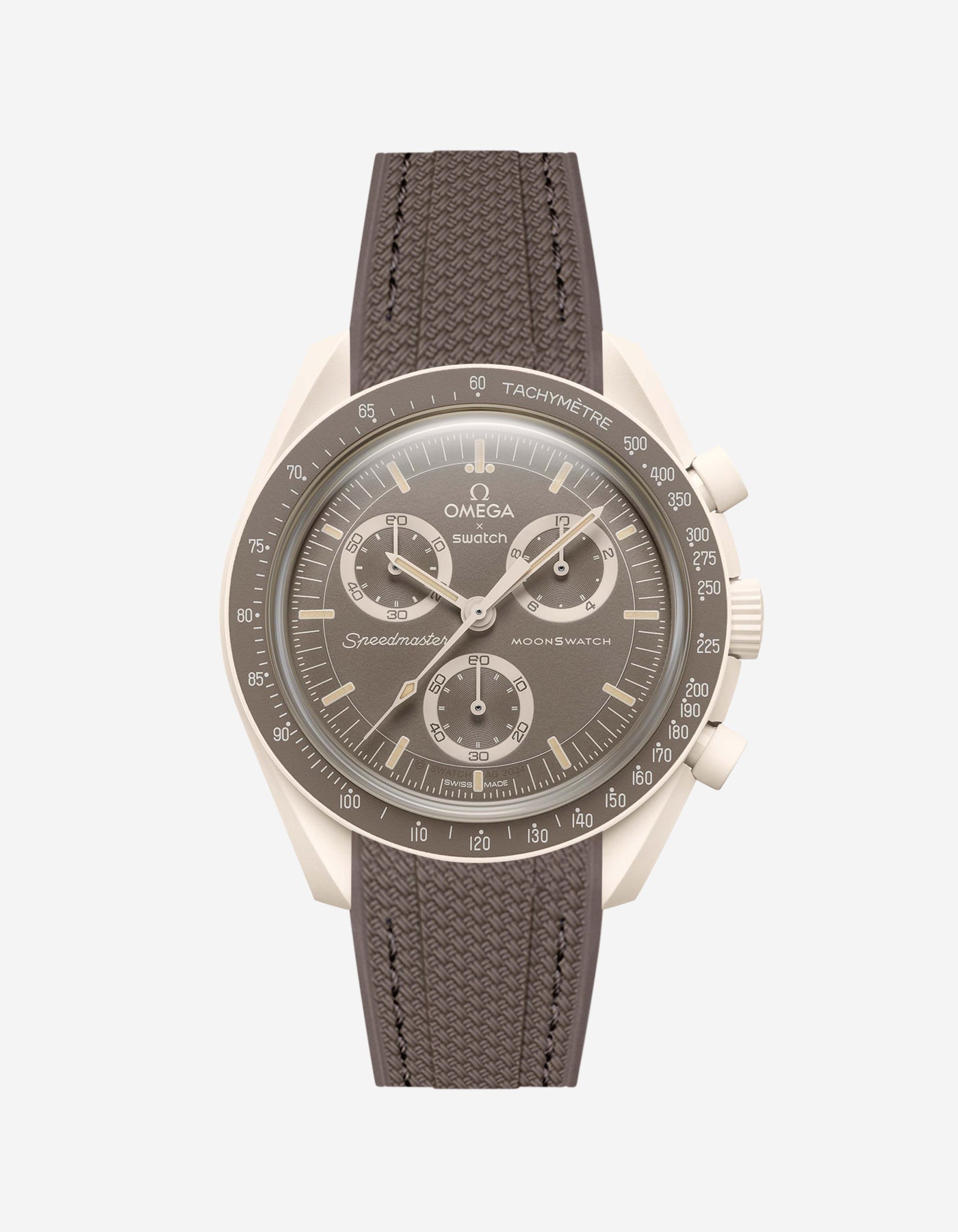 Brown Vertech Rubber strap for Omega X Swatch MoonSwatch Mission On Earth Desert, attached to the watch