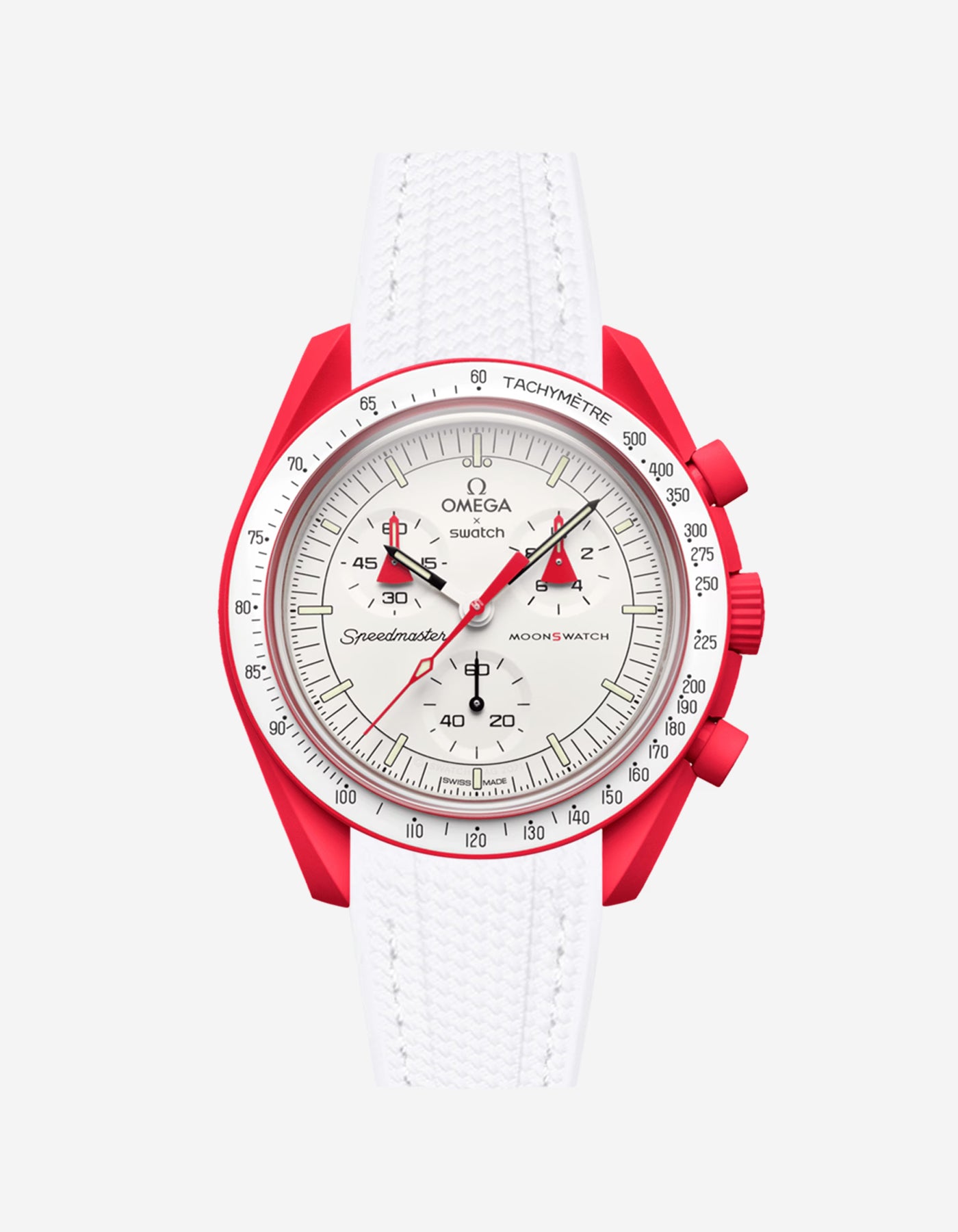 Omega watch with red accents and a white strap on a light gray background