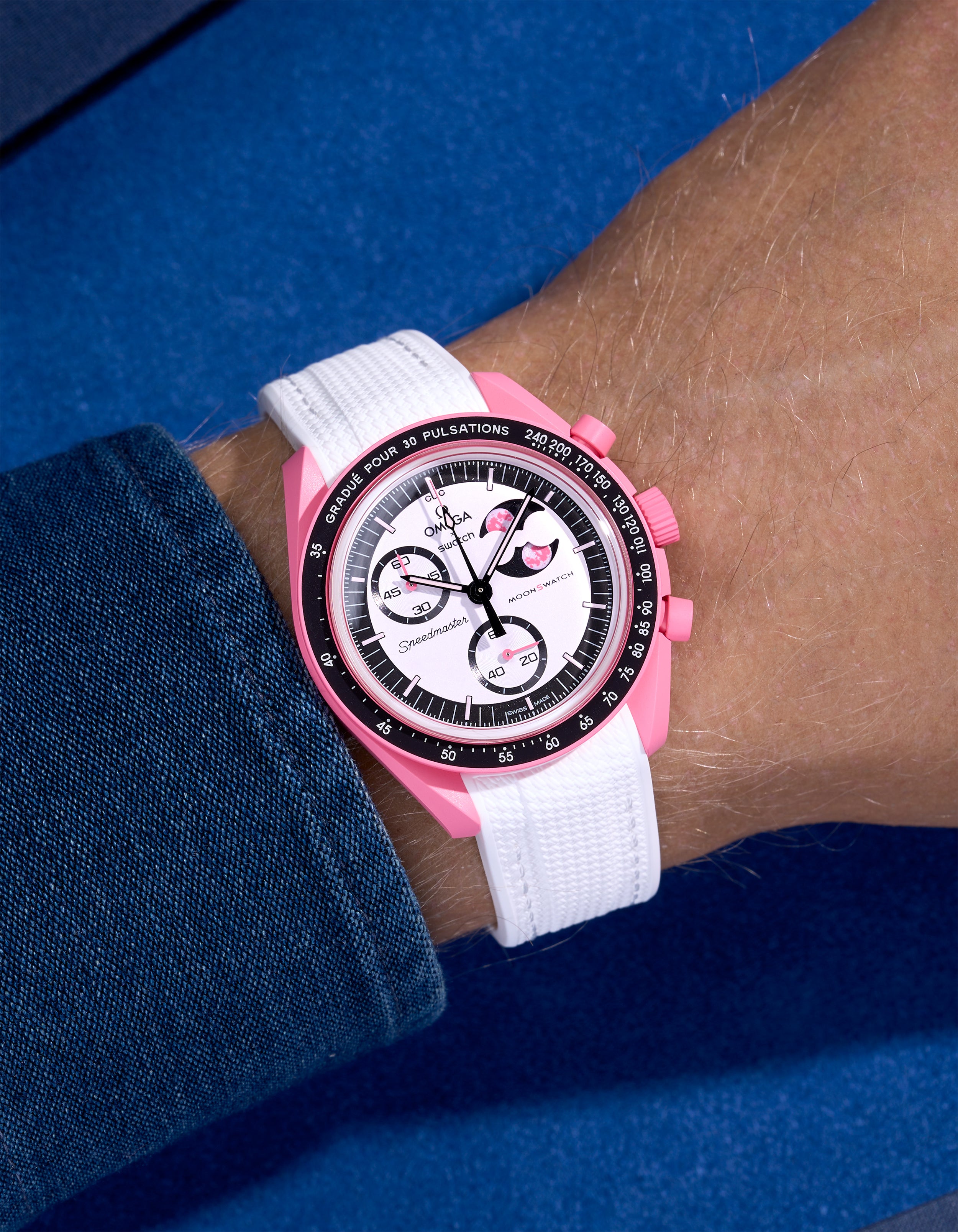 White rubber strap on Omega x Swatch MoonSwatch Mission to the Pink Moonphase