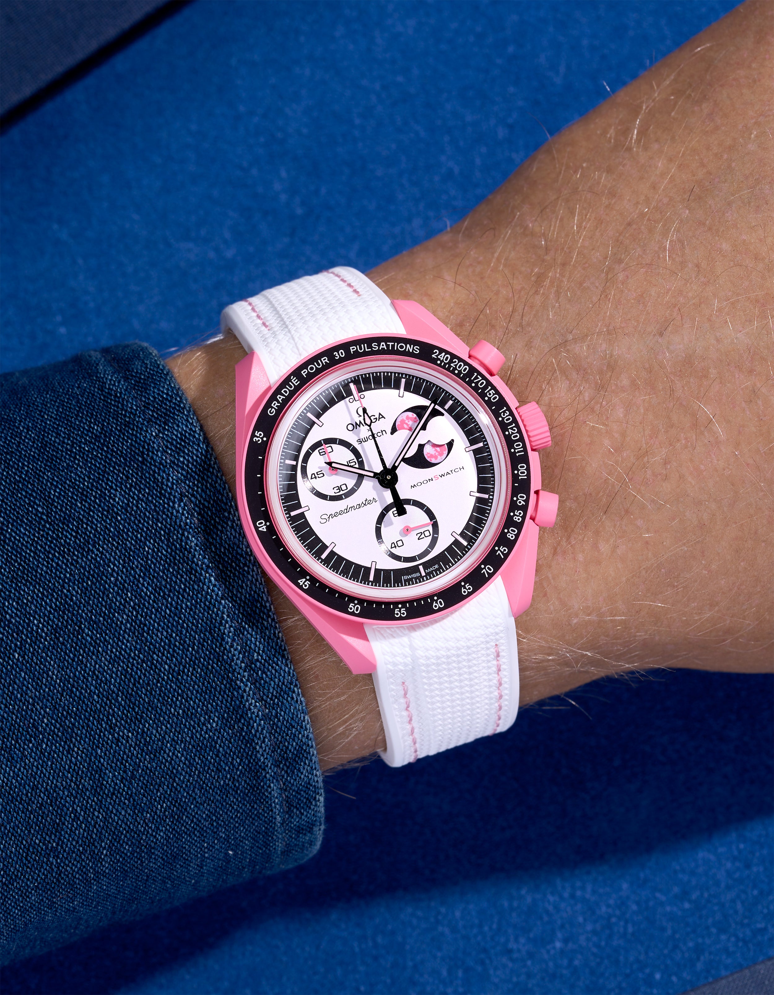 White rubber strap on Omega x Swatch MoonSwatch Mission to the Pink Moonphase