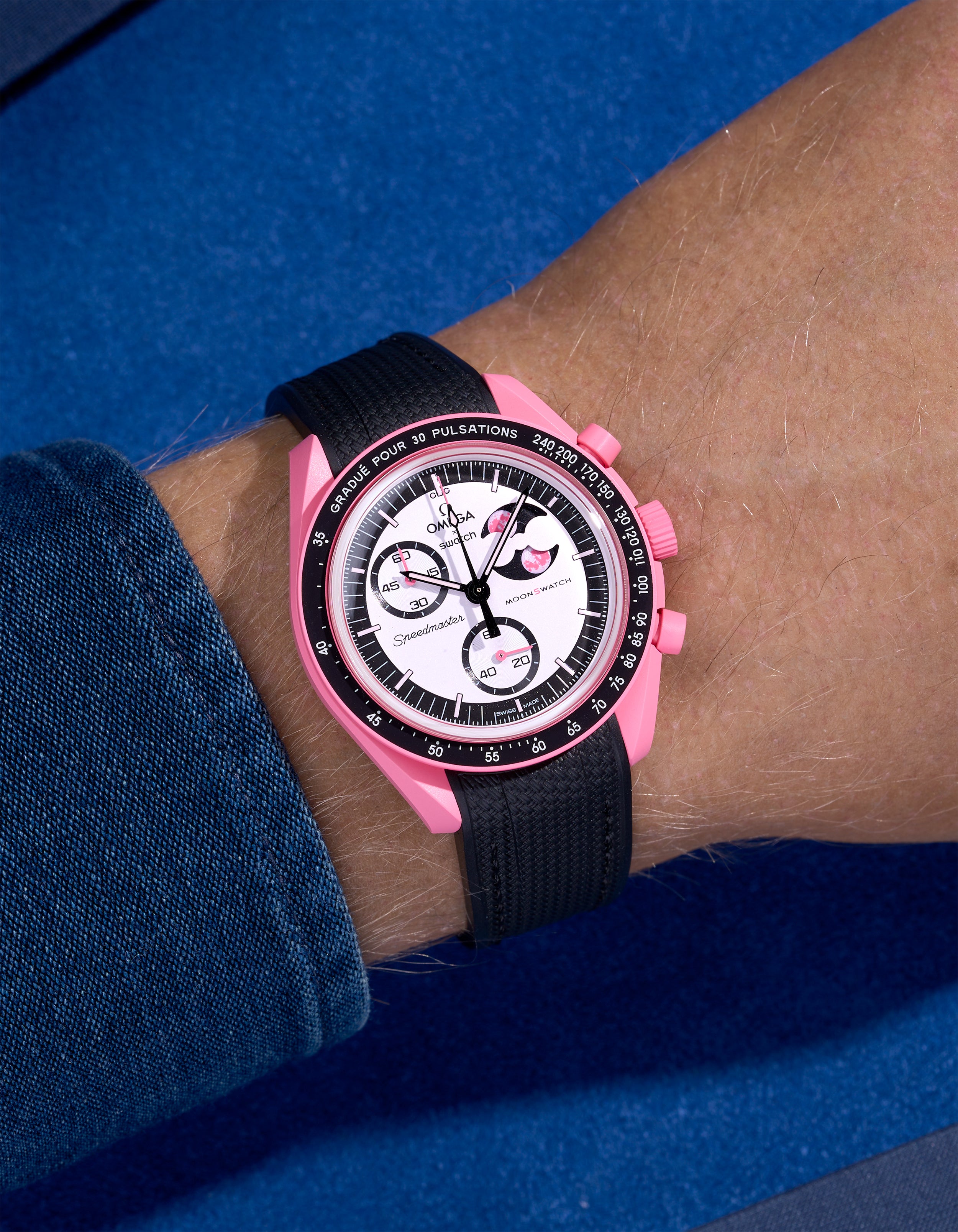 Black rubber strap on Omega x Swatch MoonSwatch Mission to the Pink Moonphase