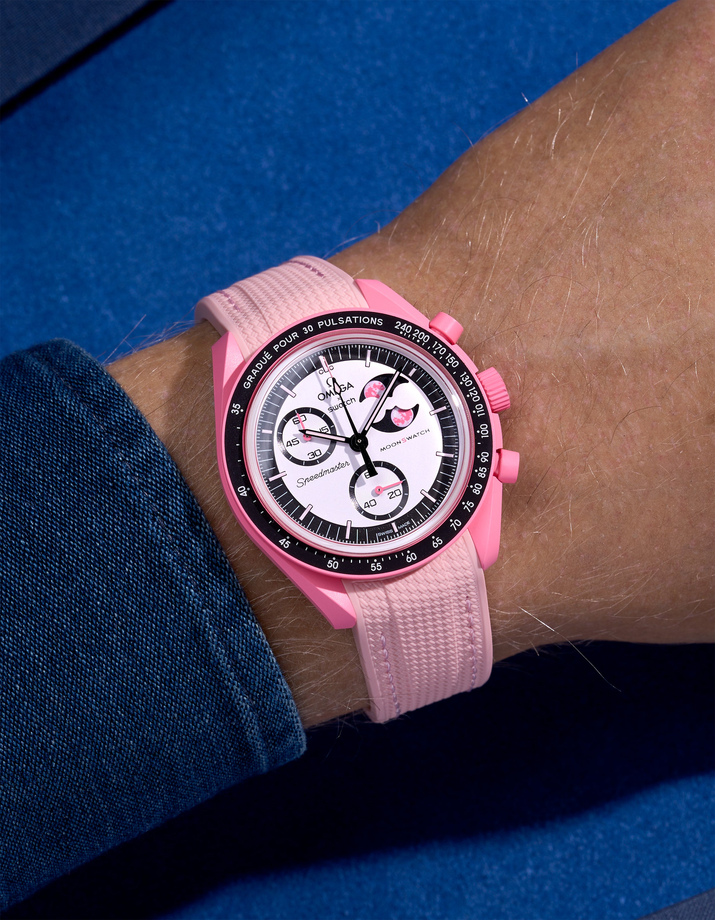 Pink rubber strap on Omega x Swatch MoonSwatch Mission to the Pink Moonphase