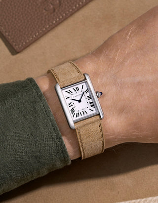 Beige Suede Leather Straps for Cartier Tank Must Large wrist shot over beige table