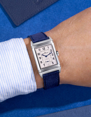 Navy Blue suede leather watch strap on a JLC Reverso steel watch. Handmade in italy in lug width 17mm to 21mm