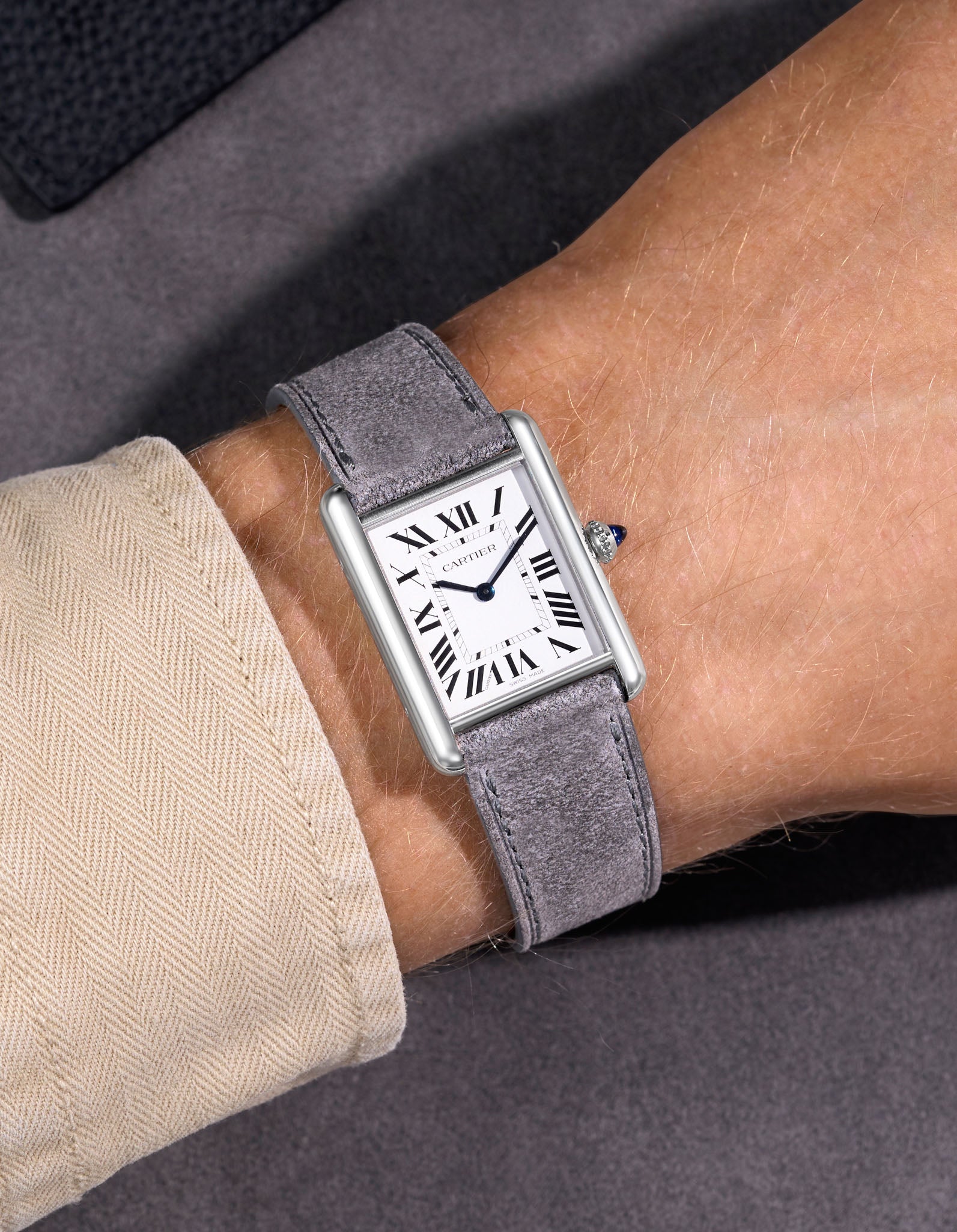 light grey suede leather watch strap on Cartier Santos Large