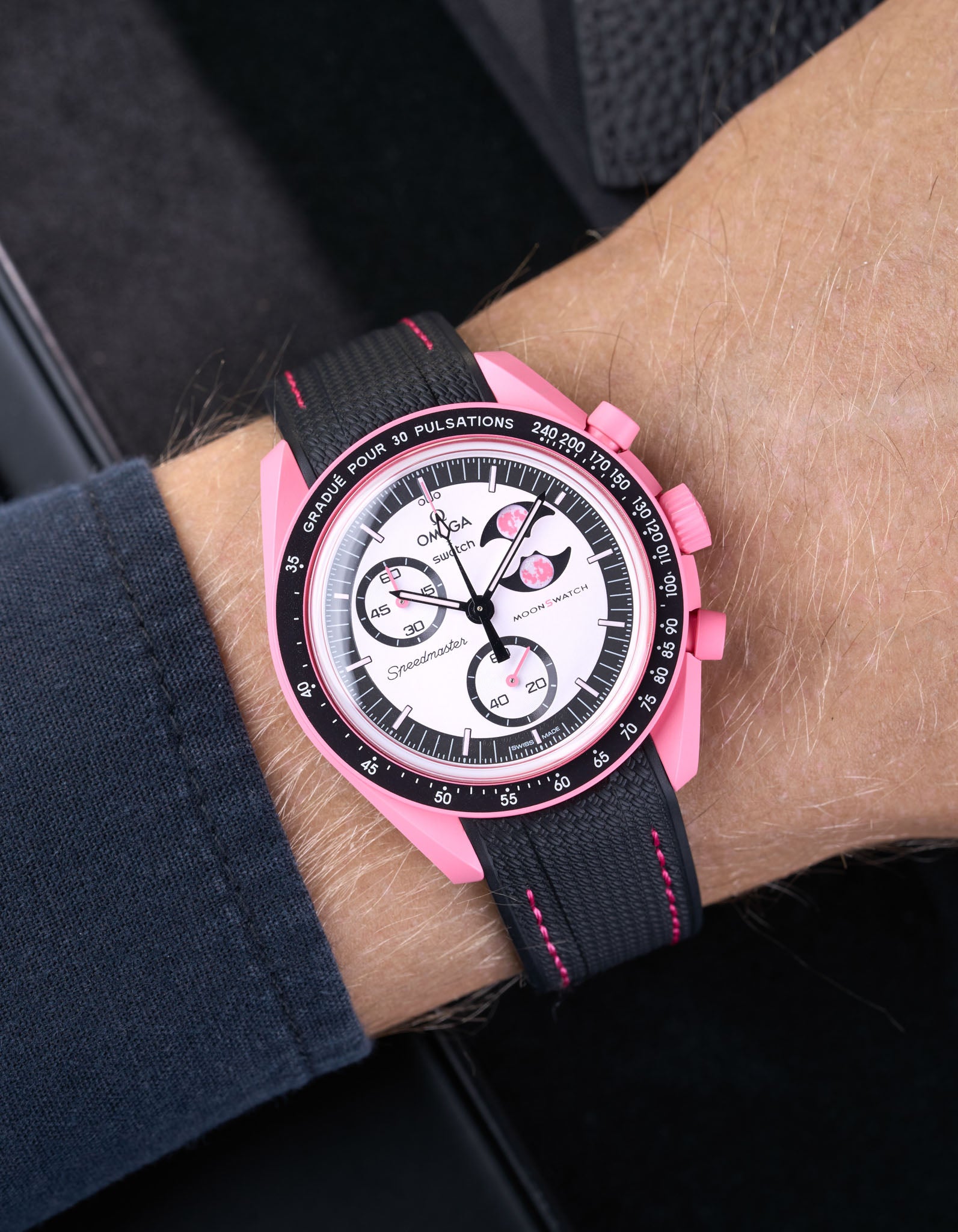 Black rubber strap on Omega x Swatch MoonSwatch Mission to the Pink Moonphase